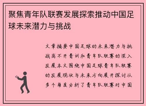 聚焦青年队联赛发展探索推动中国足球未来潜力与挑战
